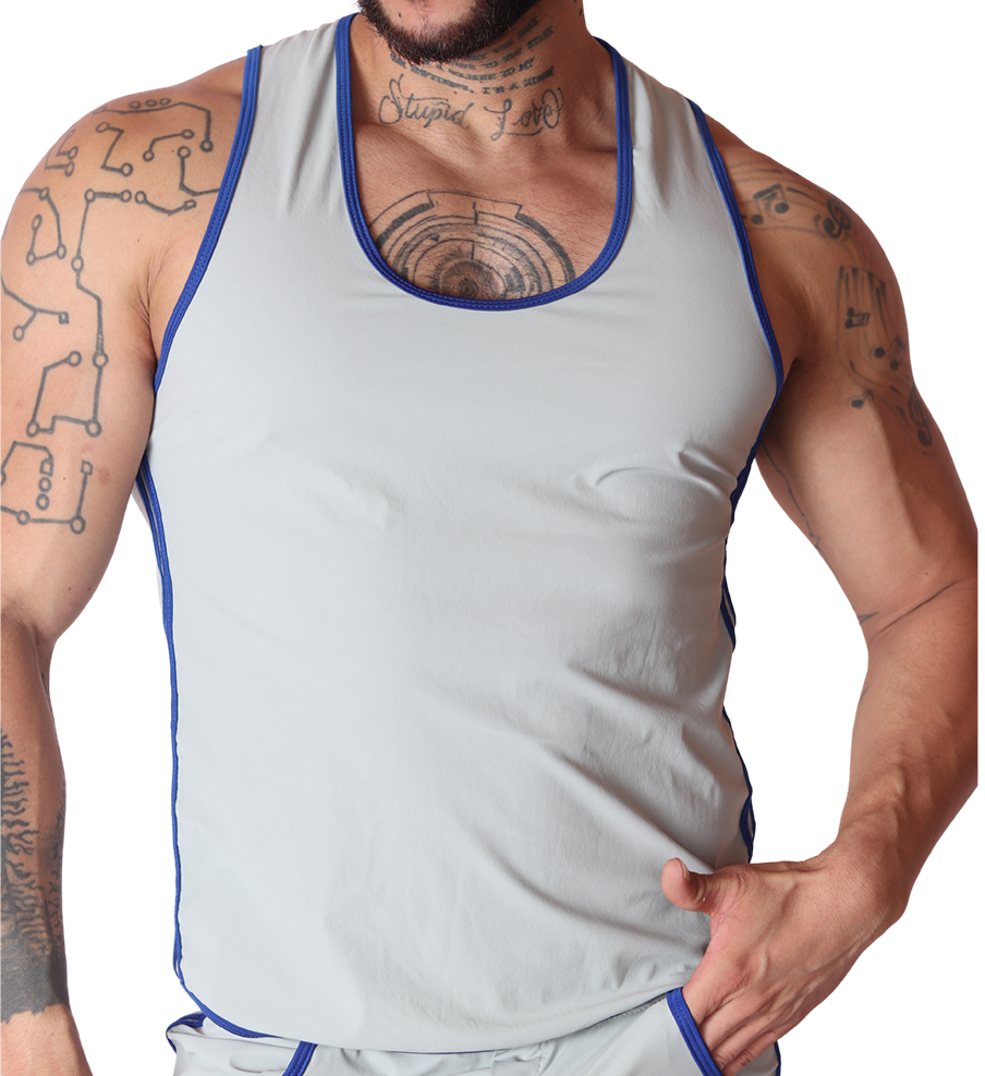 Front view of Gigo Typer gray tank top in soft fabric with contrasting blue trim detailing on a muscular model.