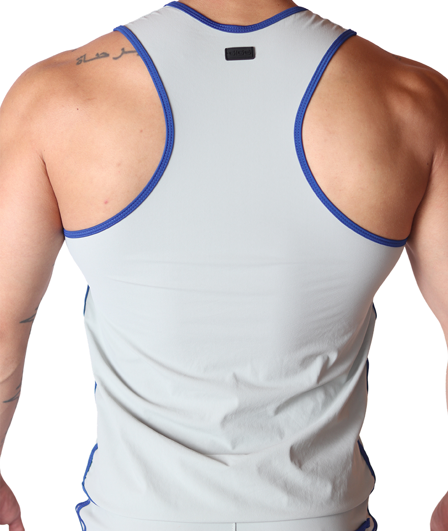 Back view of Gigo Typer gray tank top with blue trim and black logo tag, featuring smooth athletic fabric.