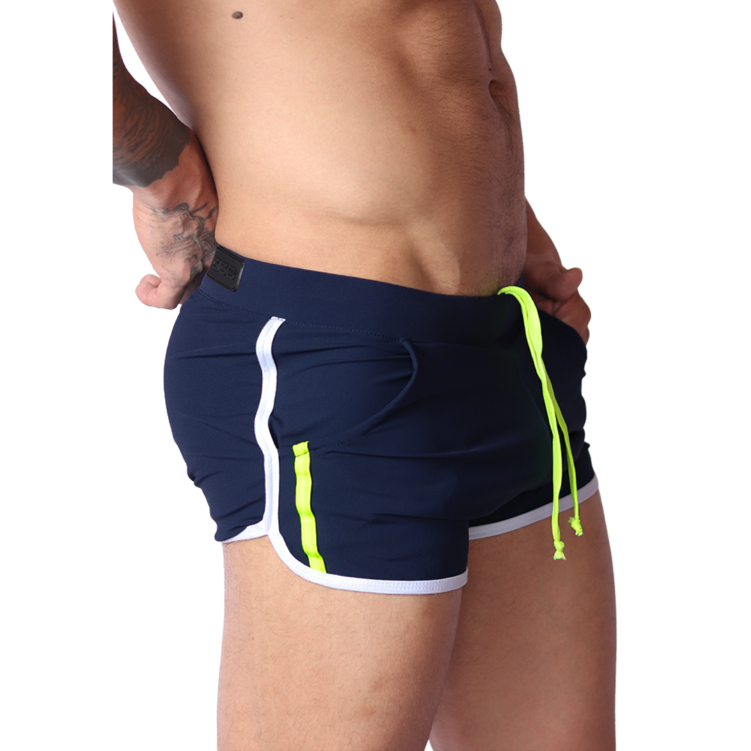 Gigo Typerhot blue short in side view with white trim, neon yellow accents, and drawstring on soft athletic fabric.