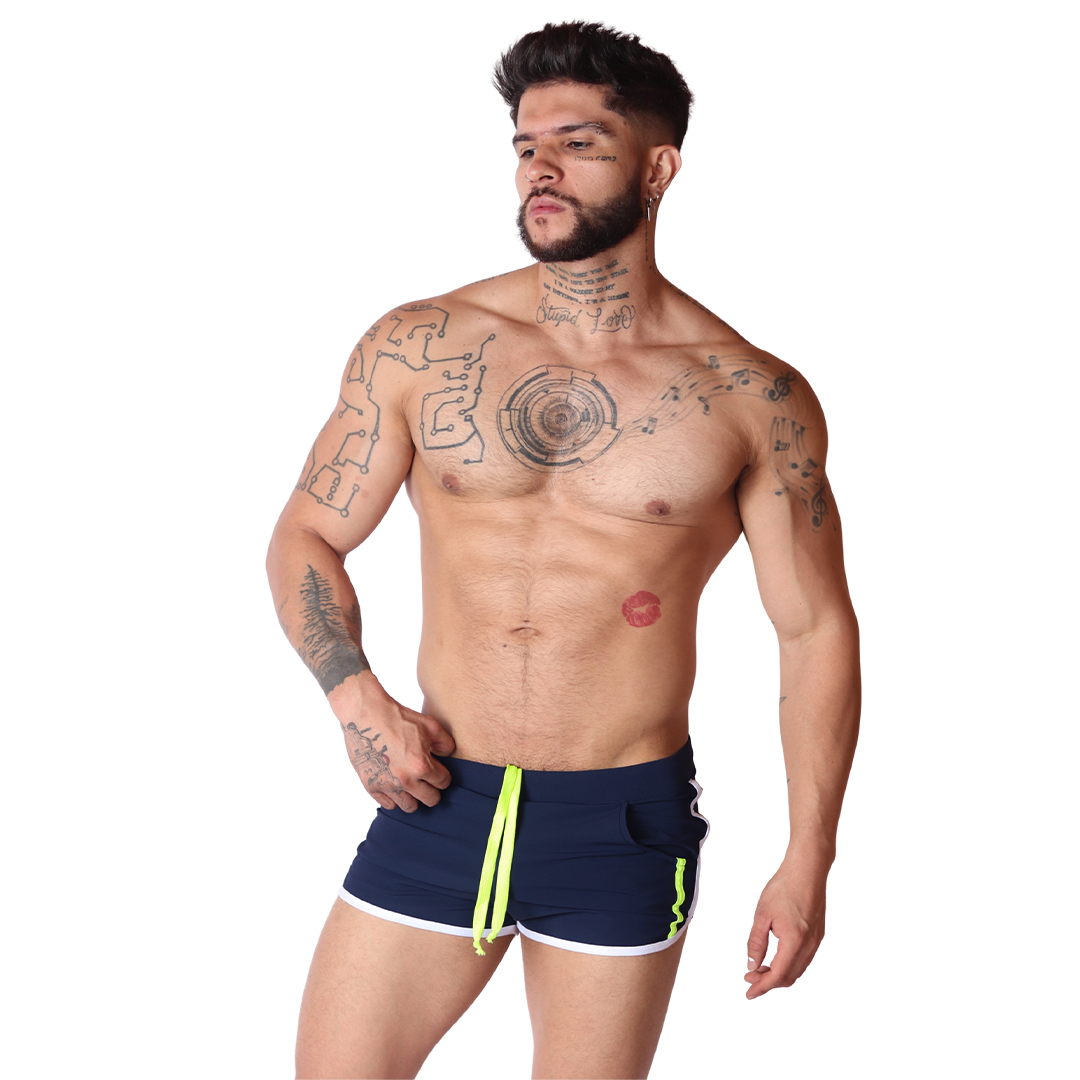 Gigo Typerhot blue shorts, front view. Soft fabric athletic style short with neon yellow drawstring and white trim.