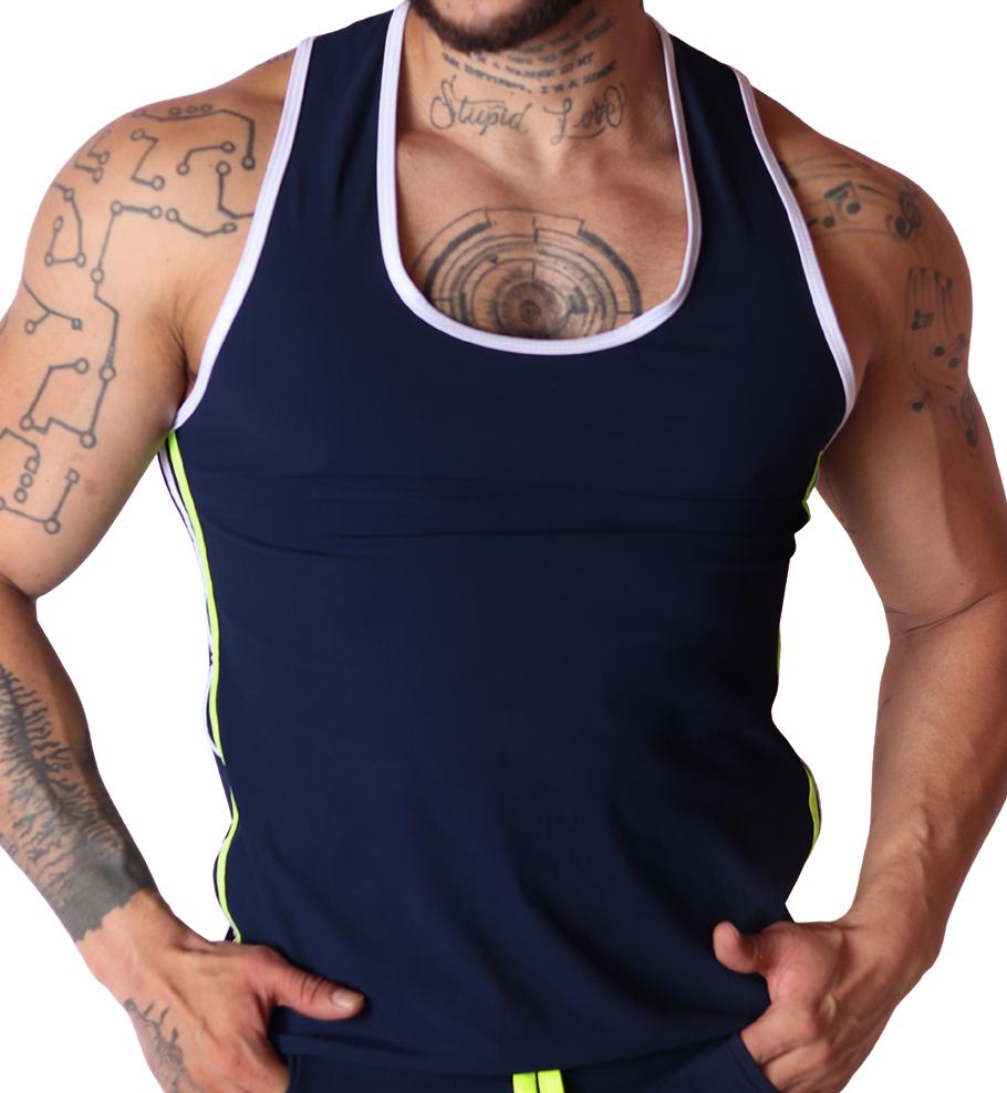 Front view: Gigo Typerhot navy blue tank top with white trim and neon yellow side stripes in soft athletic fabric.