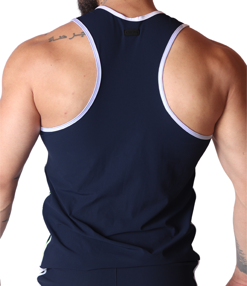 Back view of Gigo Typerhot blue racerback tank top with white trim and black branding label on smooth fabric.