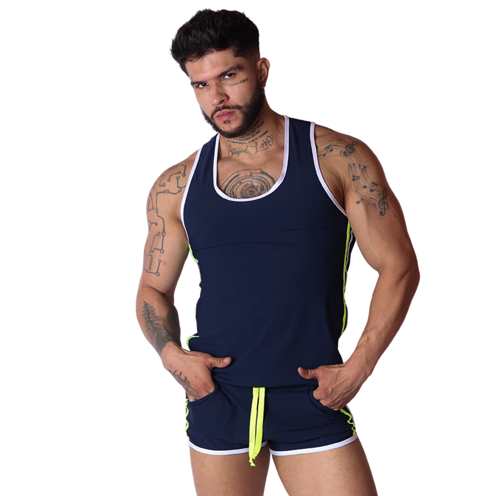 Front view of Gigo Typerhot blue tank top with white trim and neon yellow side detailing on a muscular model.