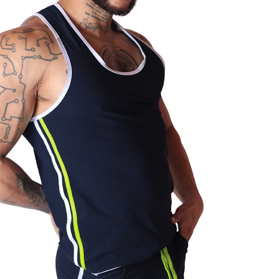 Side view of Gigo Typerhot blue tank top with white trim and lime green side stripes on soft athletic fabric.