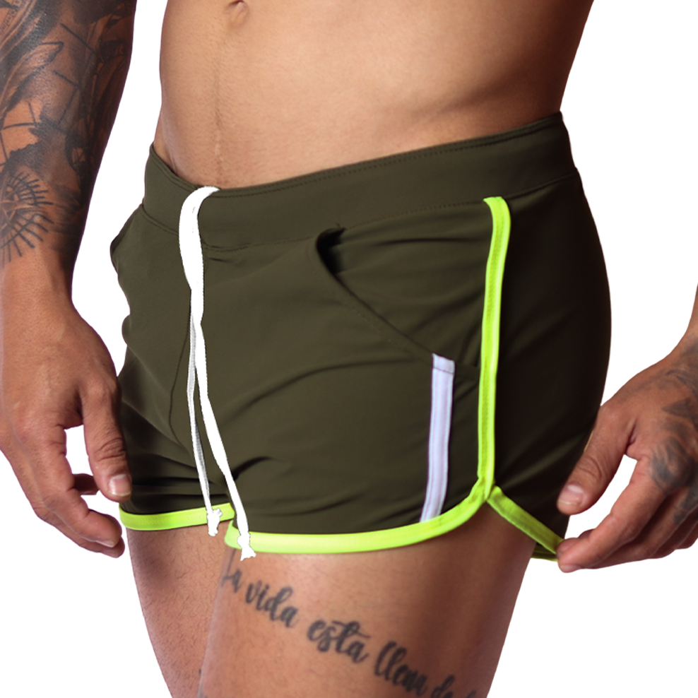 Gigo Typerhot green nylon shorts, side view. Features white drawstring, neon yellow trim, and sporty athletic fit.
