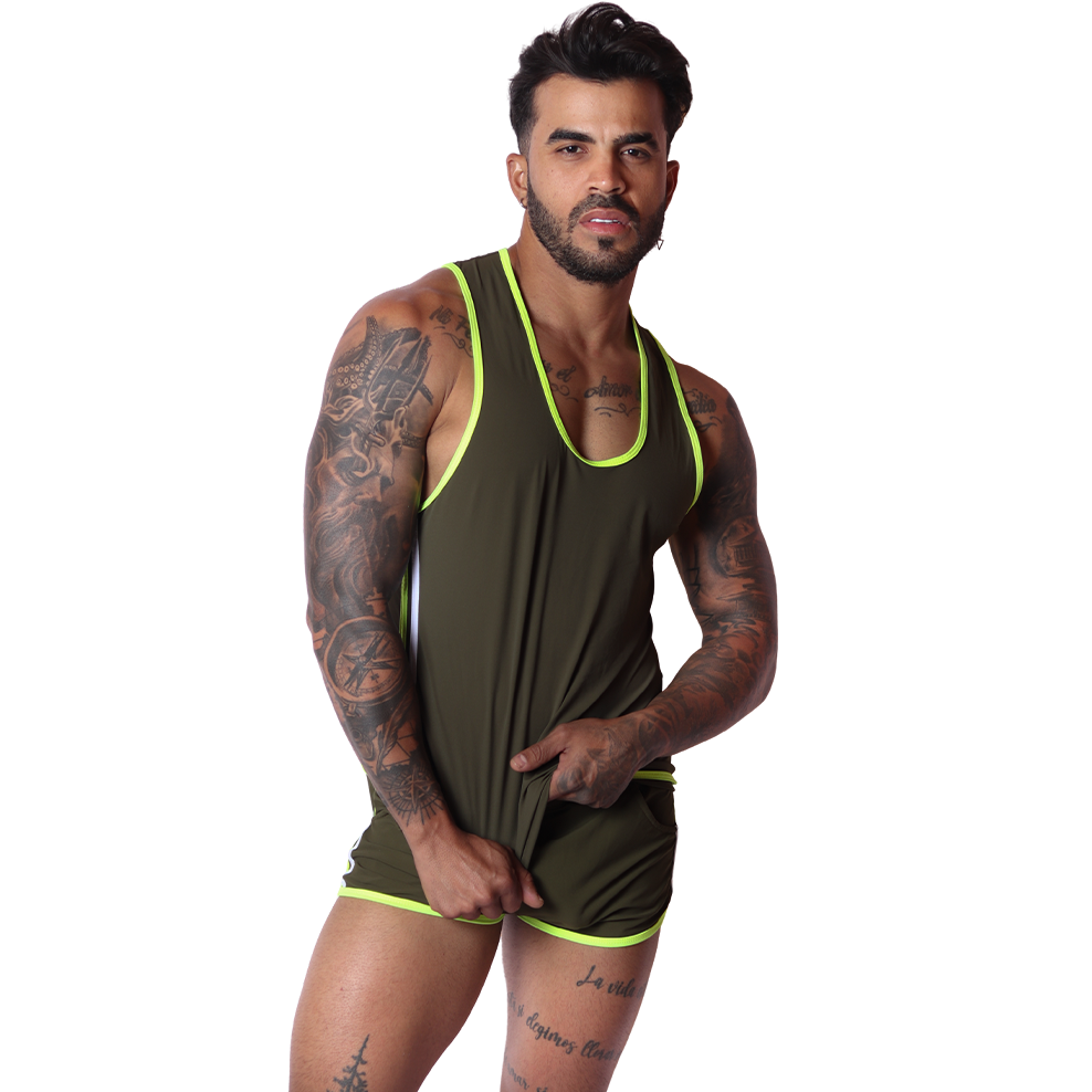 Front view of Gigo Typerhot green tank top with neon yellow trim and matching shorts, soft stretch performance fabric.