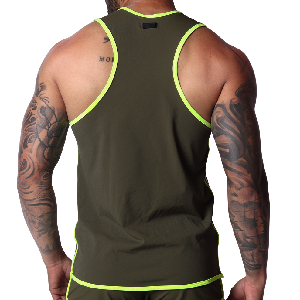 Back view of Gigo Typerhot olive green tank top with neon yellow trim, racerback style, and soft performance fabric.