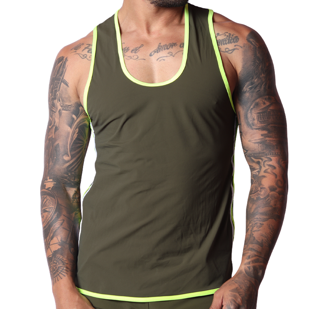 Gigo Typerhot Green tank top front view, smooth fabric with bright neon yellow trim accents.