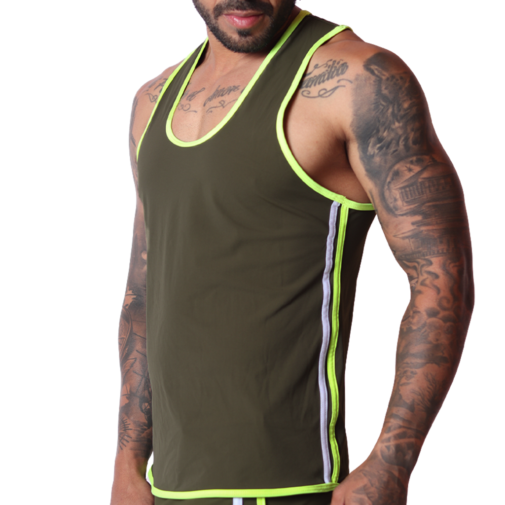 Gigo Typerhot green tank top in smooth stretch fabric, side view featuring neon yellow trim and white side stripes.