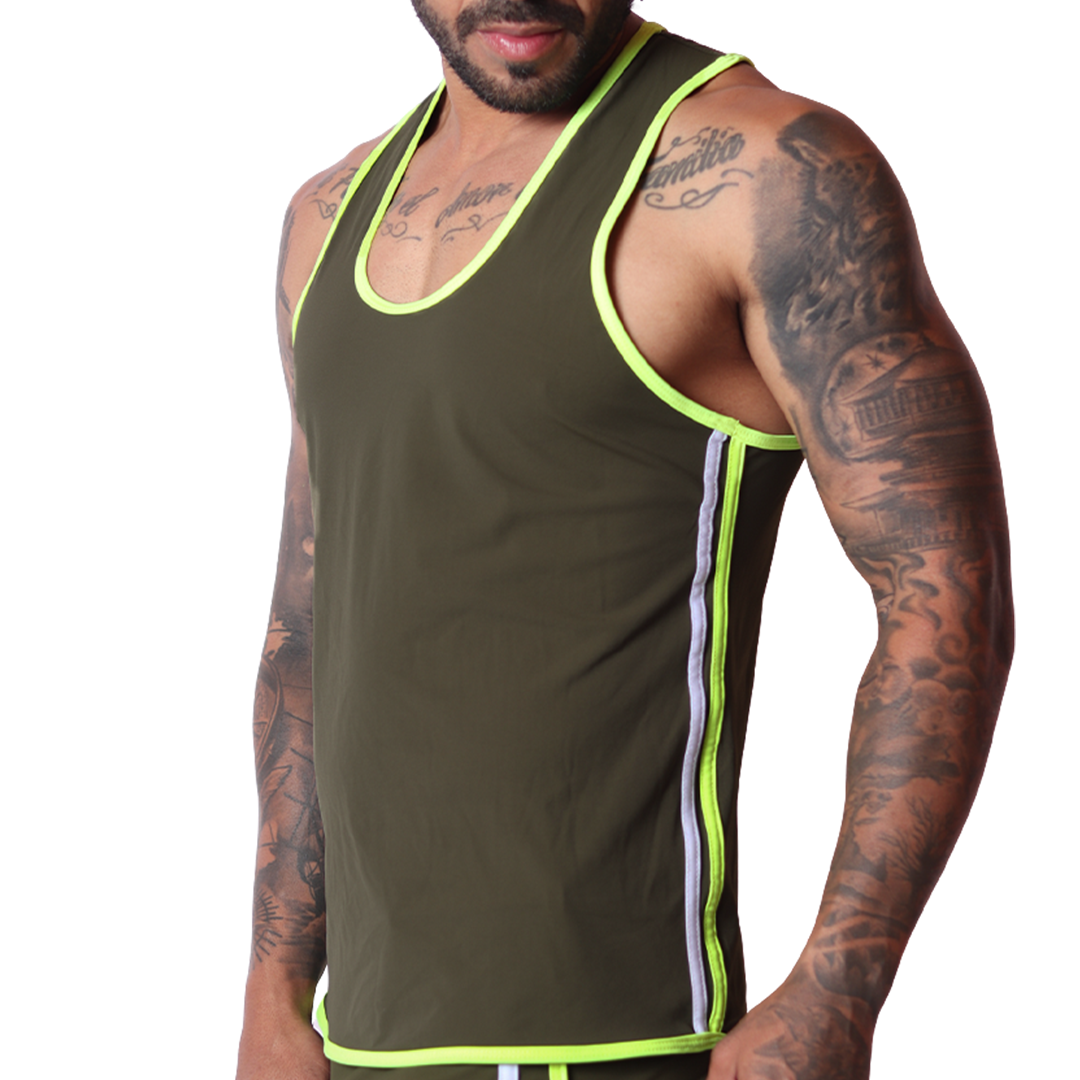 Gigo Typerhot green tank top in smooth stretch fabric, side view featuring neon yellow trim and white side stripes.