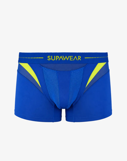 Blue trunk underwear with yellow accents and Supawear waistband