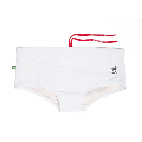 White swim briefs displayed flat with a red drawstring.