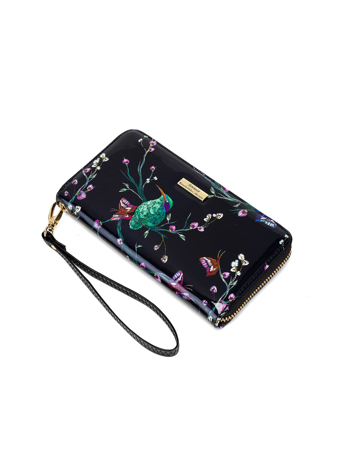 HUMMINGBIRD SINGS ZIP AROUND PATENT LEATHER WALLET WITH RFID - BIRD PRINT