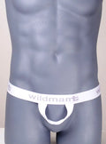 Gray mannequin torso wearing white underwear with text.