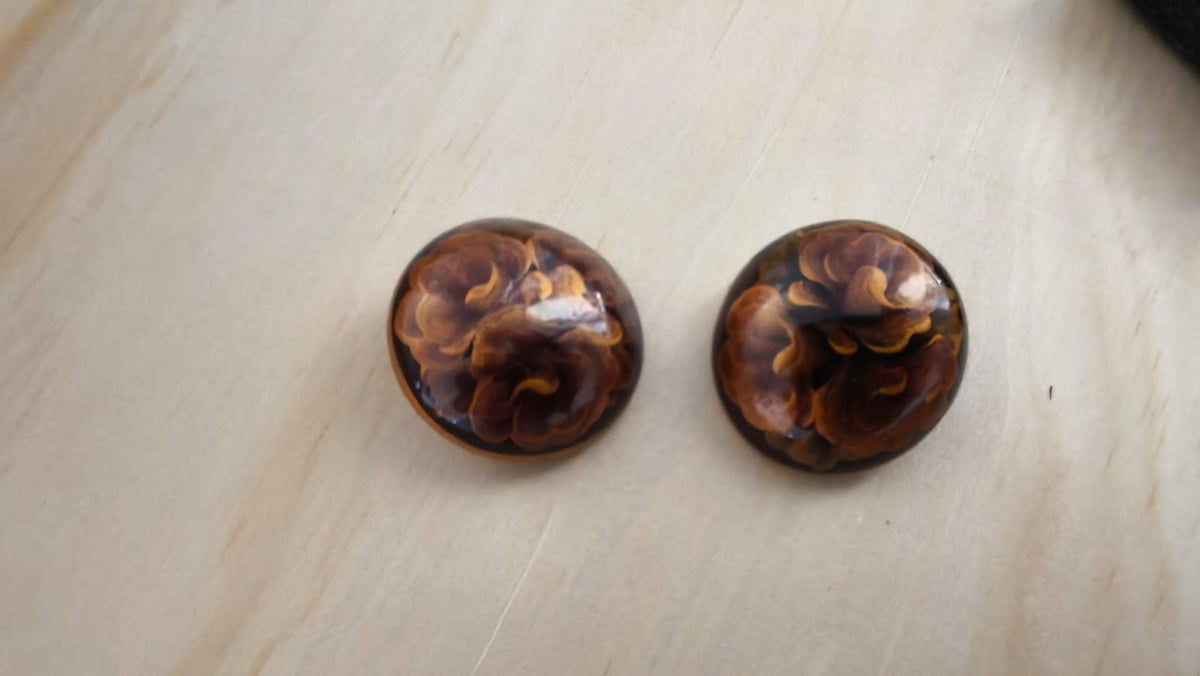 Vintage Hand Painted Round Wooden Floral Clip On Earrings With Autumn Colors