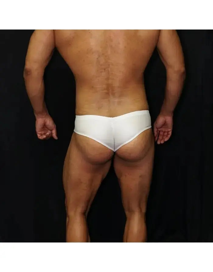 White boxer underwear by Arroyman featuring a snug fit and smooth fabric shown from the back on a model.