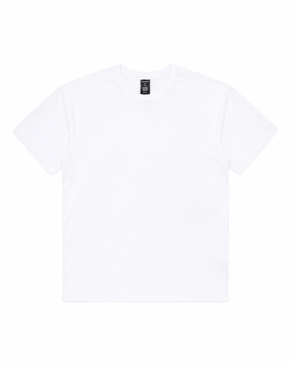 A crisp, white short-sleeve crewneck Core Tee on a plain background, featuring a black inner collar tag.
