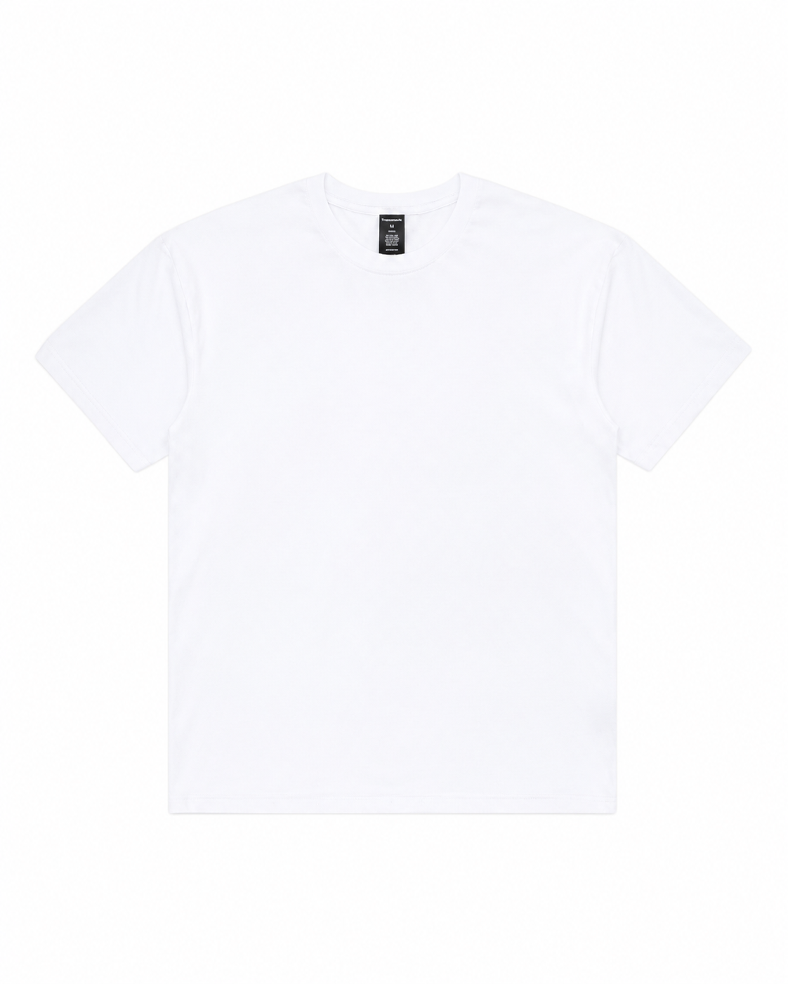 A crisp, white short-sleeve crewneck Core Tee on a plain background, featuring a black inner collar tag.
