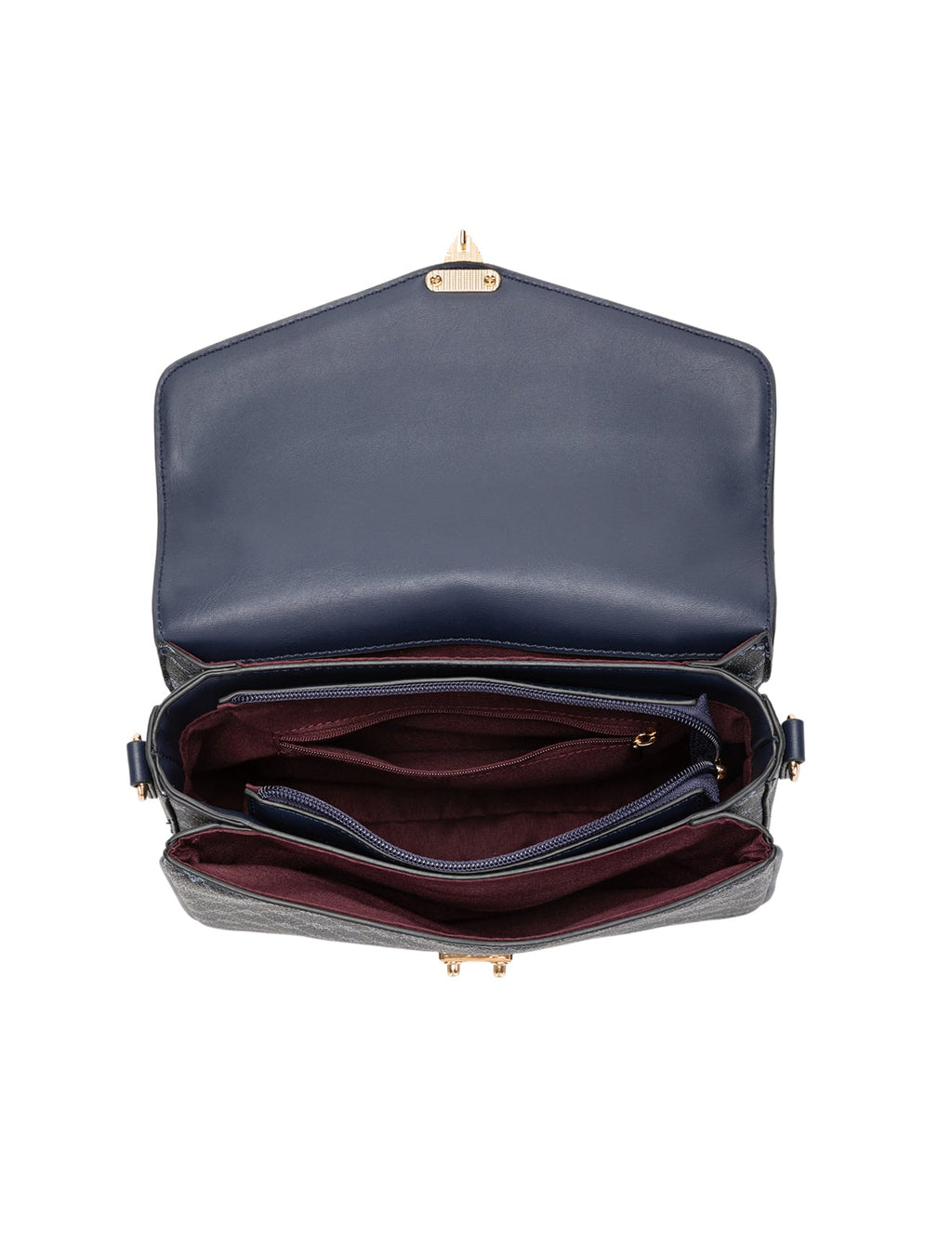 NAPLES TRIPLE COMPARTMENT BAG W/ CHAIN DETAIL AND ADJUSTABLE XBODY STRAP - NAVY