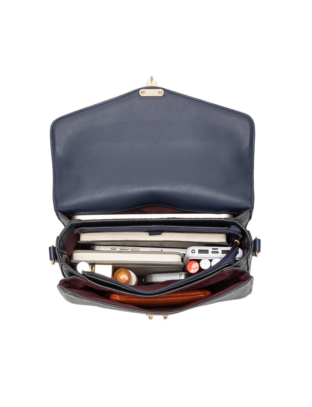NAPLES TRIPLE COMPARTMENT BAG W/ CHAIN DETAIL AND ADJUSTABLE XBODY STRAP - NAVY