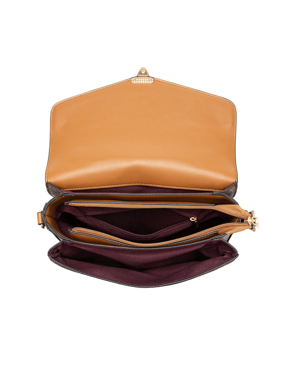 NAPLES TRIPLE COMPARTMENT BAG W/ CHAIN DETAIL AND ADJUSTABLE XBODY STRAP - TAN