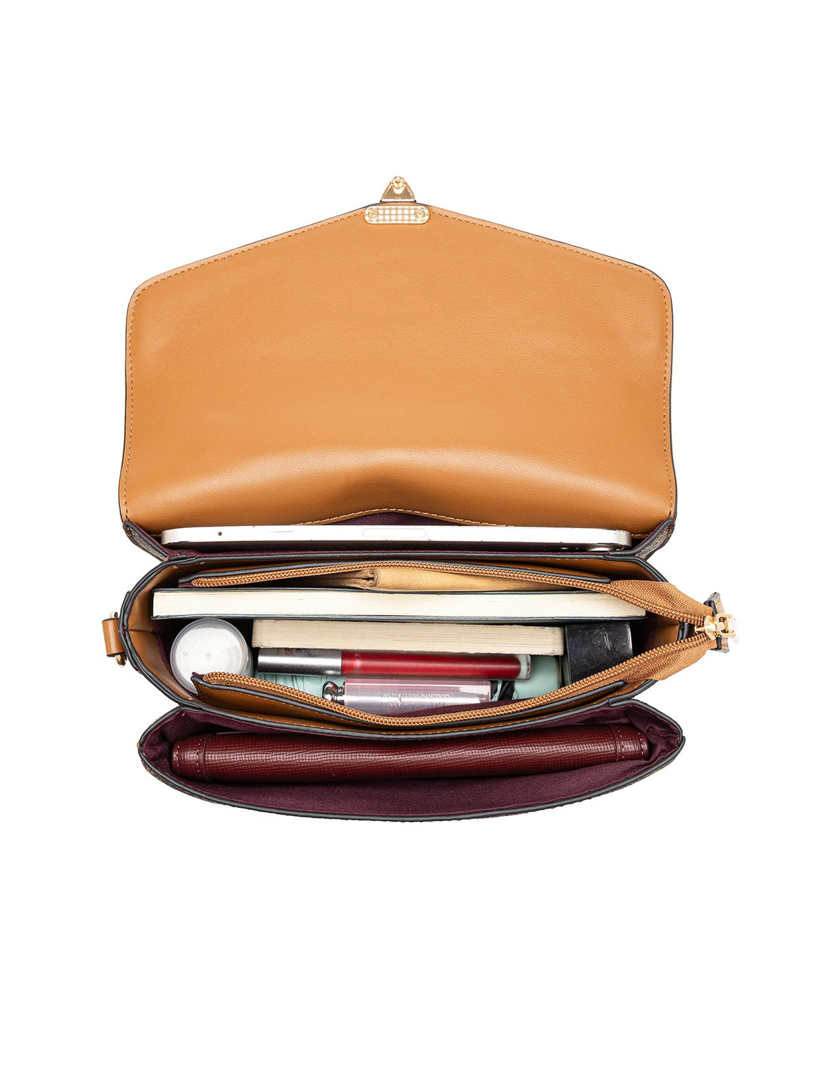 NAPLES TRIPLE COMPARTMENT BAG W/ CHAIN DETAIL AND ADJUSTABLE XBODY STRAP - TAN