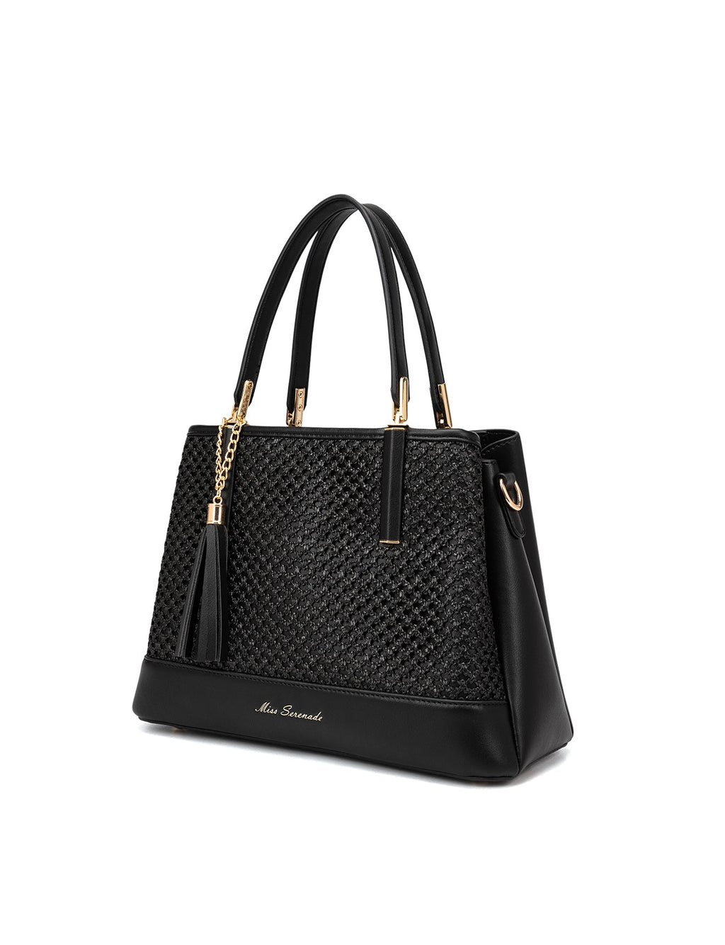 SYDNEY TRIPLE COMPARTMENT BAG WITH RAFFIA DETAIL AND XBODY STRAP - BLACK