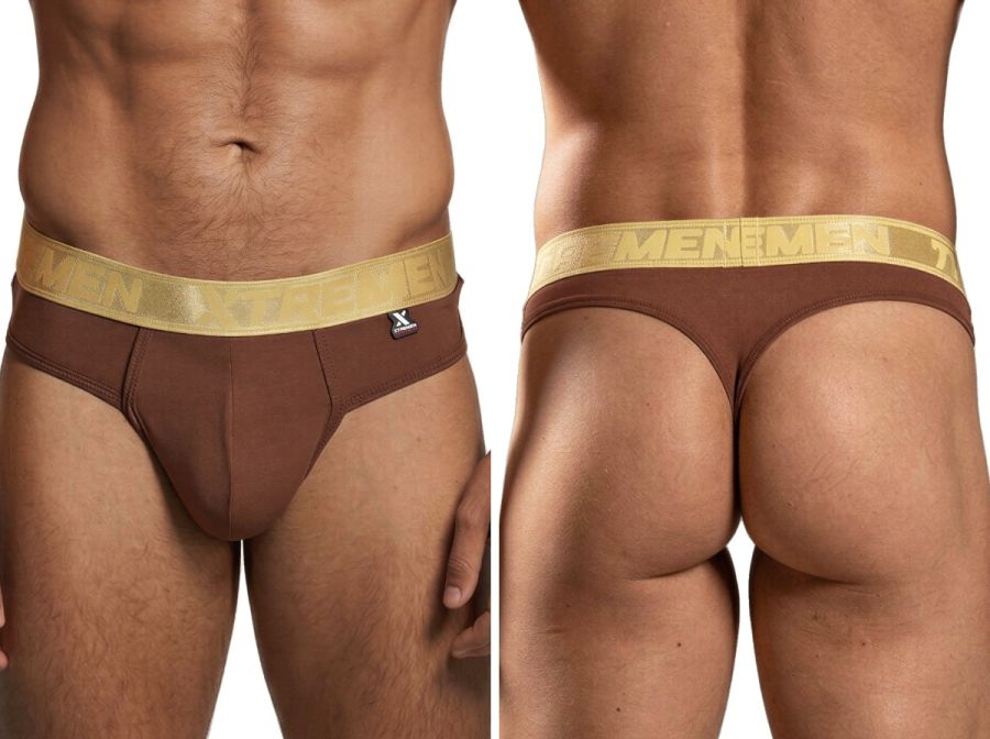 Xtremen brown thong with gold branded waistband. Model 98517, featuring soft cotton-blend fabric. Front and back view.