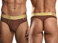 Xtremen brown thong with gold branded waistband. Model 98517, featuring soft cotton-blend fabric. Front and back view.