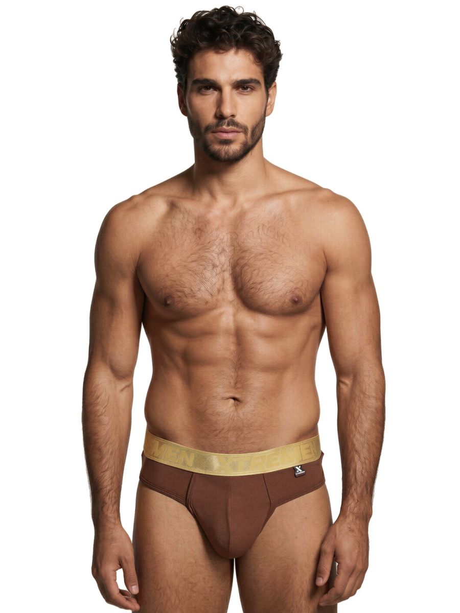 Xtremen brown cotton bikini brief with gold branded waistband. Model 95101.