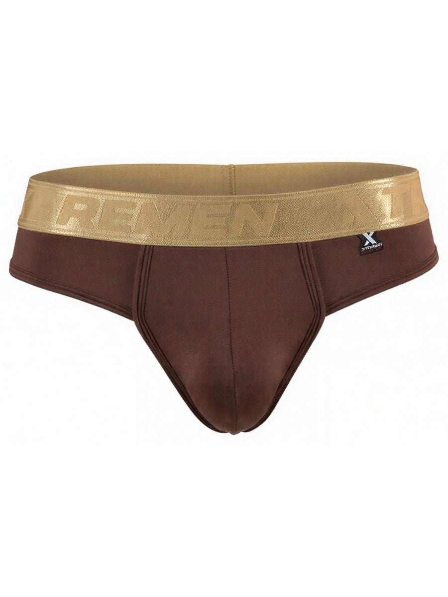 Xtremen brown microfibre bikini brief with metallic gold branded waistband.