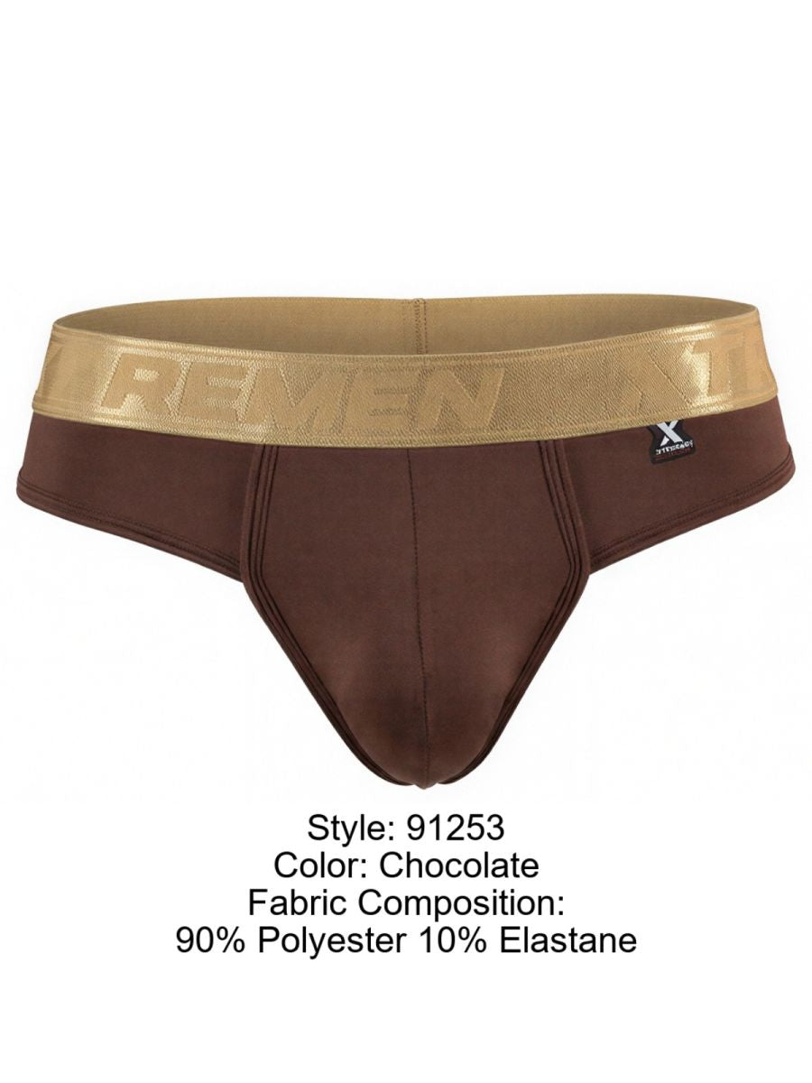 Xtremen 91253 chocolate bikini briefs in polyester-elastane with a metallic gold logo waistband.