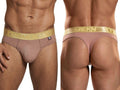 Xtremen men’s dusty rose thong with metallic gold logo waistband. Smooth, stretchy fabric. Front and back view.