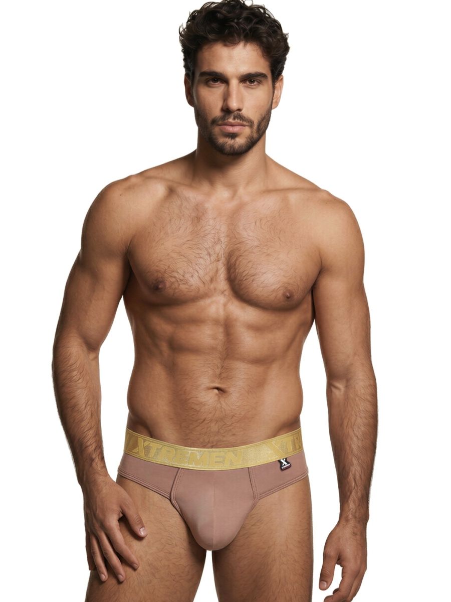 Xtremen men's brief in taupe, featuring a gold branded waistband and smooth stretch fabric. Model 75110.