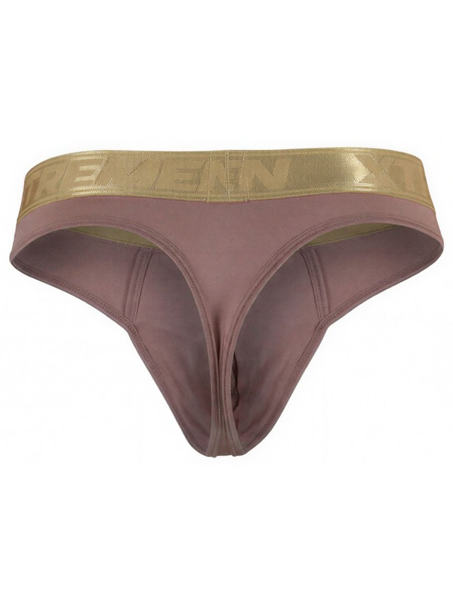 Xtremen thong in dusty rose with a gold metallic waistband. Smooth, soft-touch fabric.