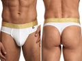 Xtremen men's white cotton thong with gold branded waistband. Front and back view of model.