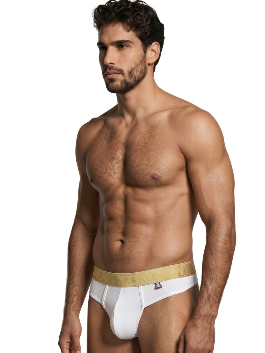 Xtremen white thong with a metallic gold waistband. Model 98516. Smooth, fitted fabric.