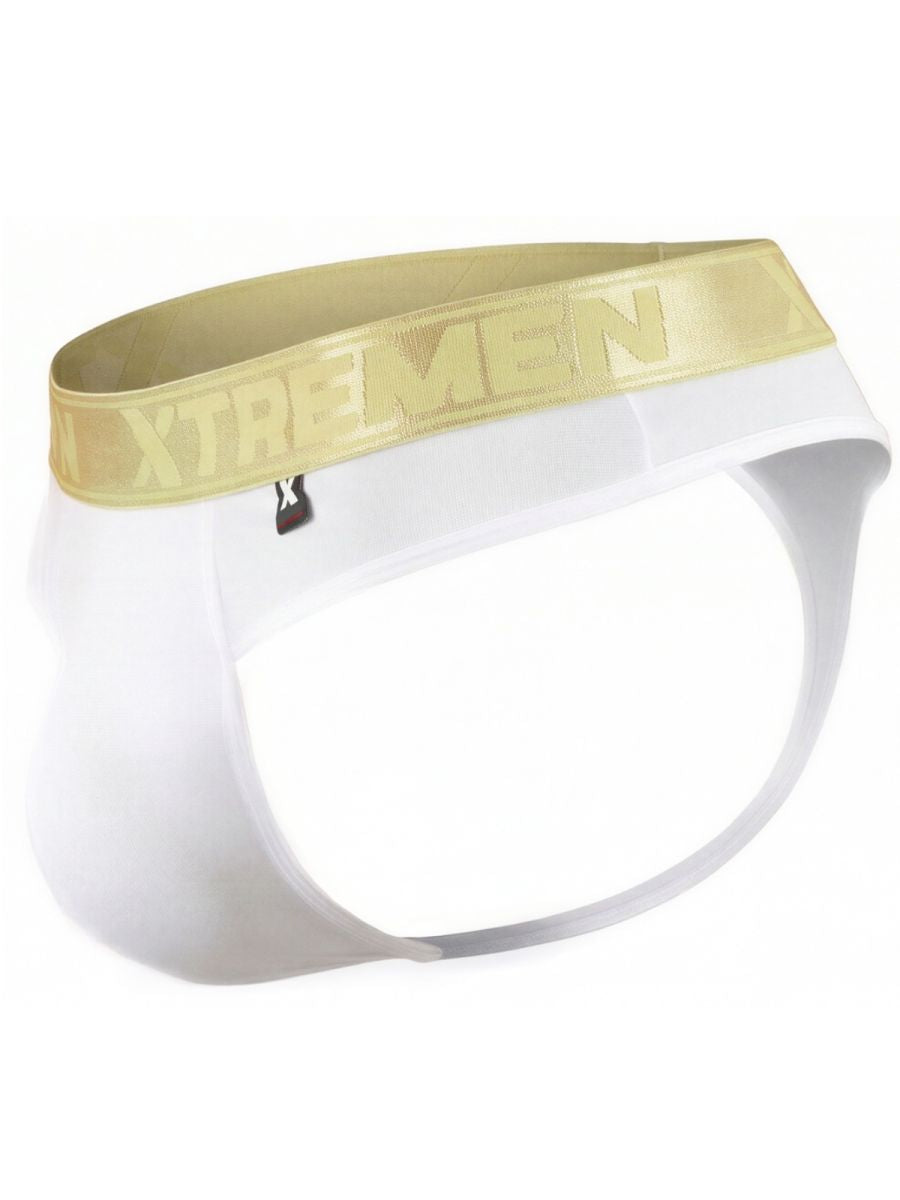 Xtremen men's white jockstrap with gold logo waistband and small brand tag. Smooth fabric.