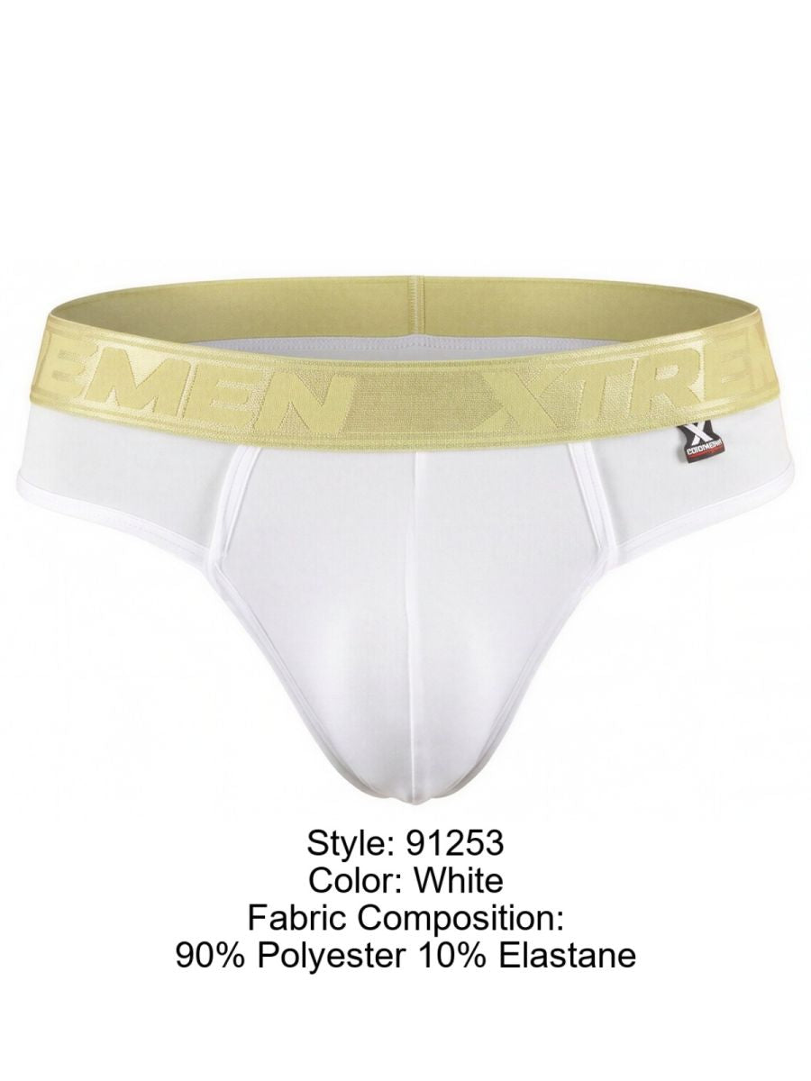 Xtremen 91253 white brief in polyester/elastane with a gold logo waistband.
