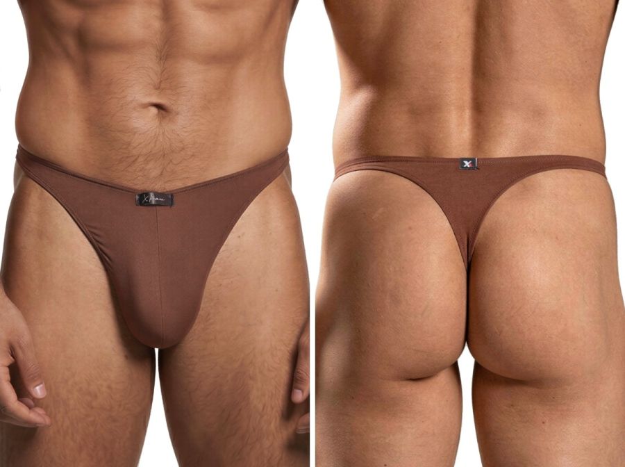 Xtremen brown thong with front and back views. Soft, stretchy fabric, features Xtremen logo tag.