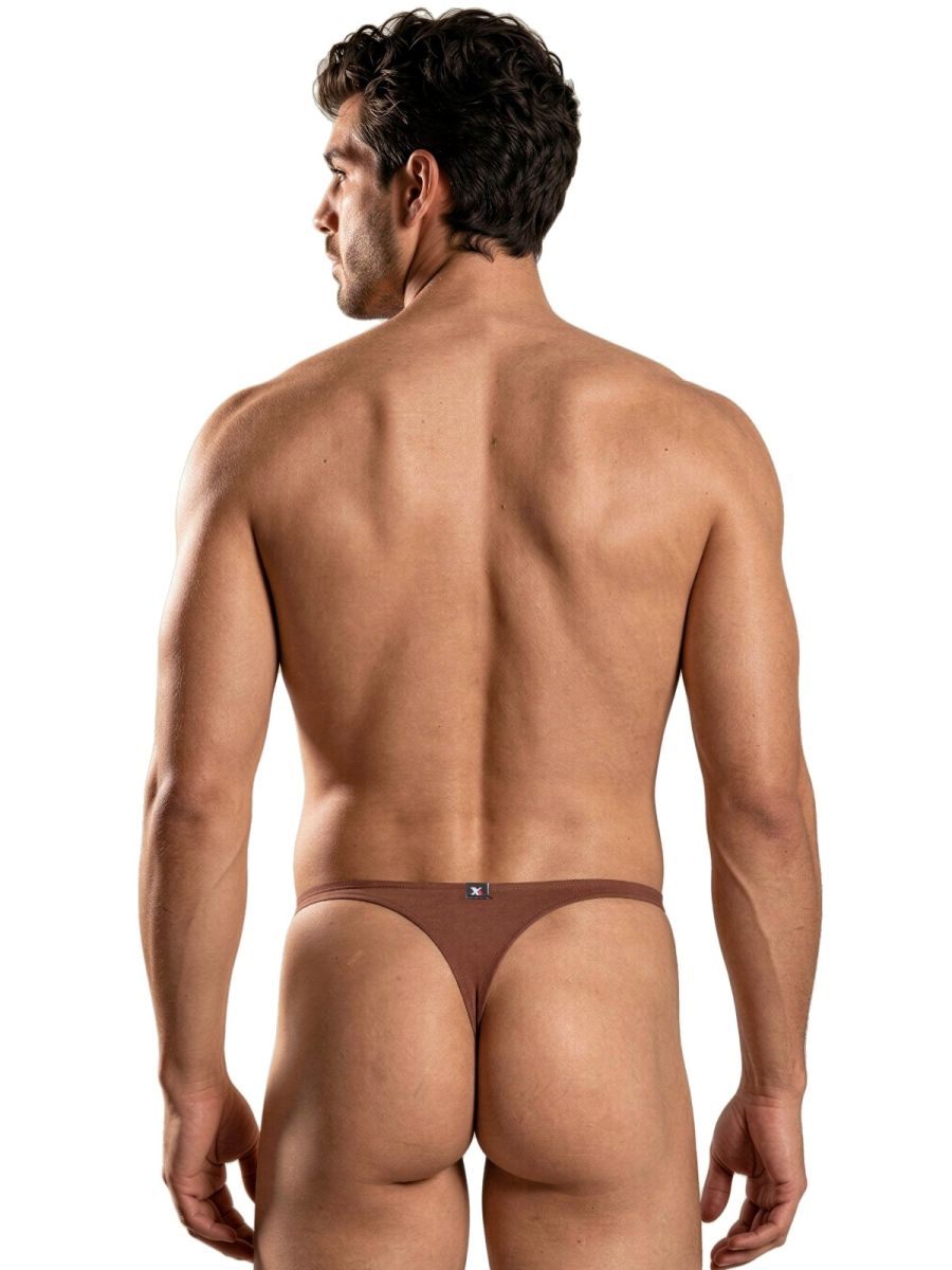 Xtremen brown ribbed thong, model 92570, featuring a minimalist back design on a muscular male model.