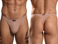 Xtremen thong in nude, featuring a smooth, stretch fabric. Shown from front and back on a male model.