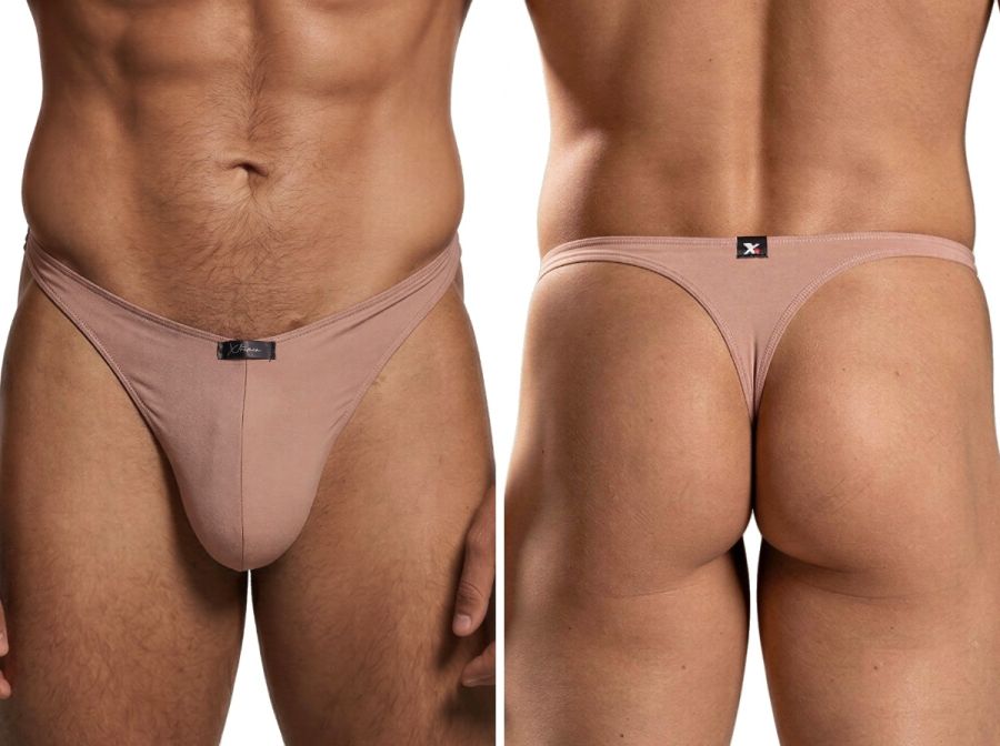 Xtremen thong in nude, featuring a smooth, stretch fabric. Shown from front and back on a male model.