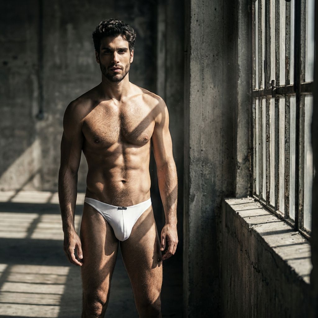 Xtremen men's white bikini brief in soft cotton. Classic style, athletic fit. Model shown in a rustic industrial space.