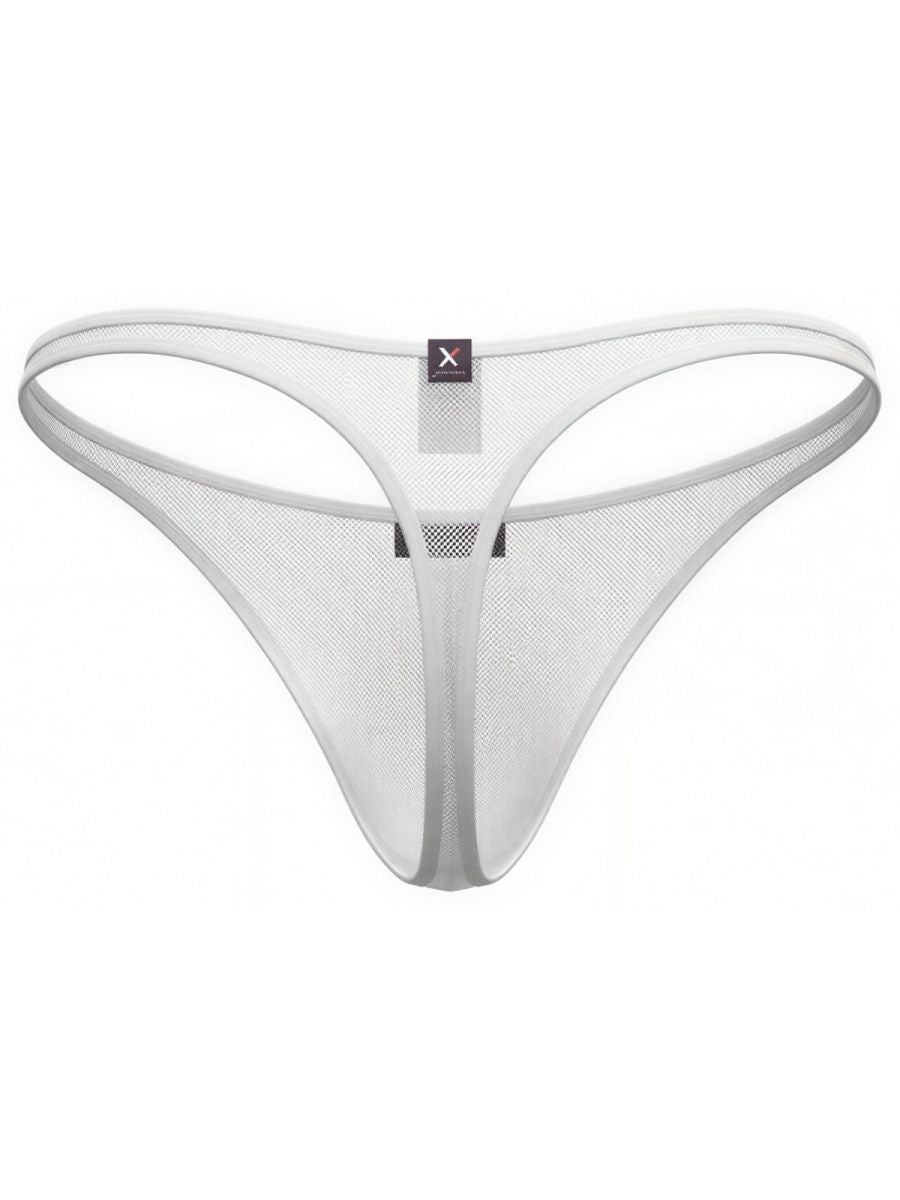 Xtremen white mesh thong. Features a minimalist design with X branding. Lightweight, breathable fabric.