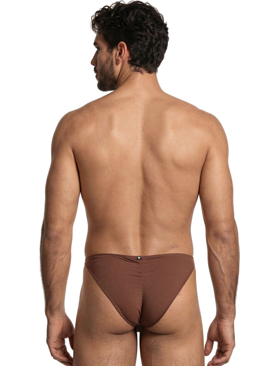 Xtremen 98319 brown bikini brief in stretch fabric, back view on a male model.