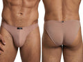 Xtremen beige cotton bikini briefs. Front and back view of soft fabric men's underwear with a branded waistband tag.