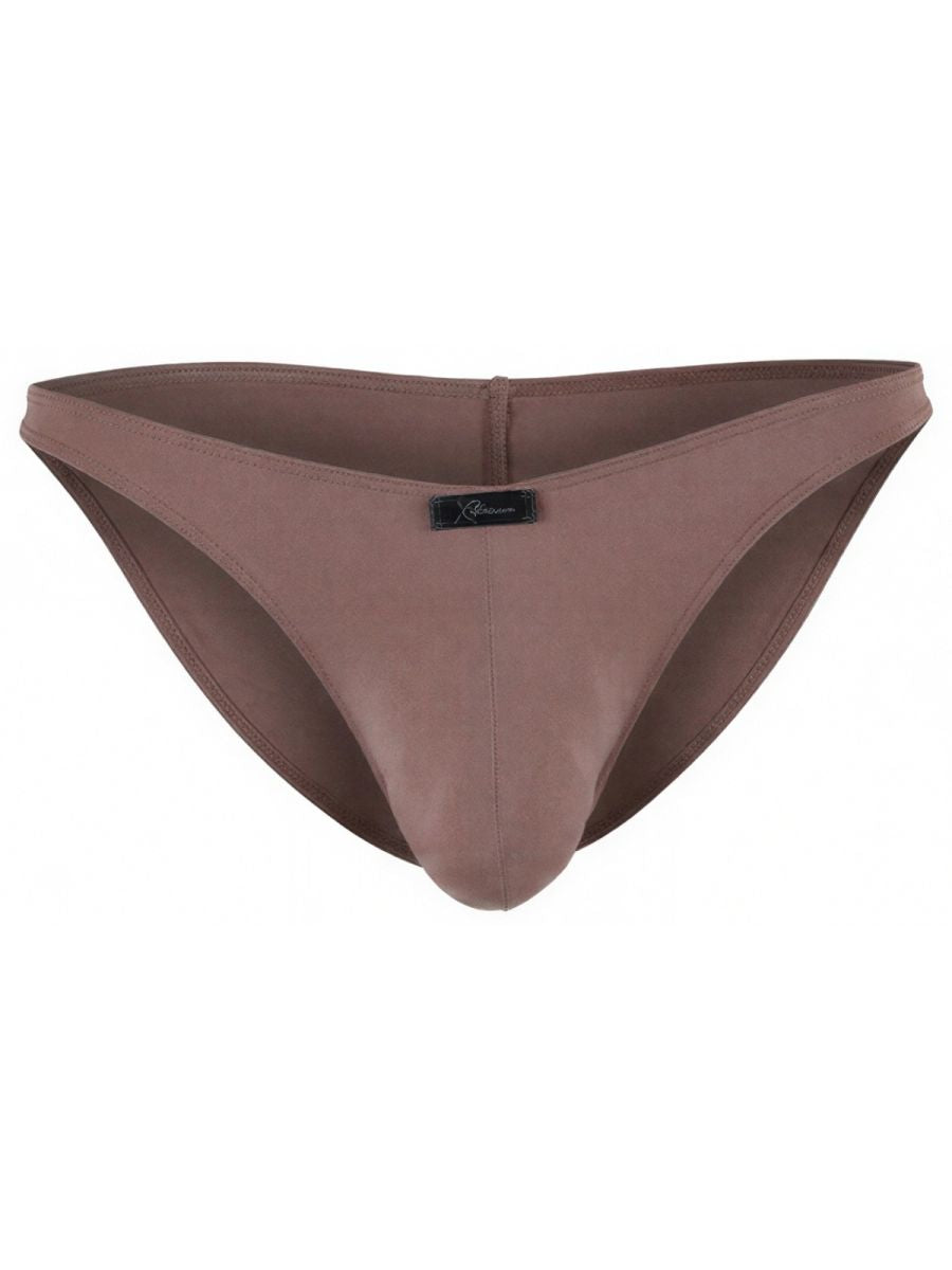 Xtremen brown bikini brief in soft matte fabric. Features a small branded logo tab. Minimalist design.