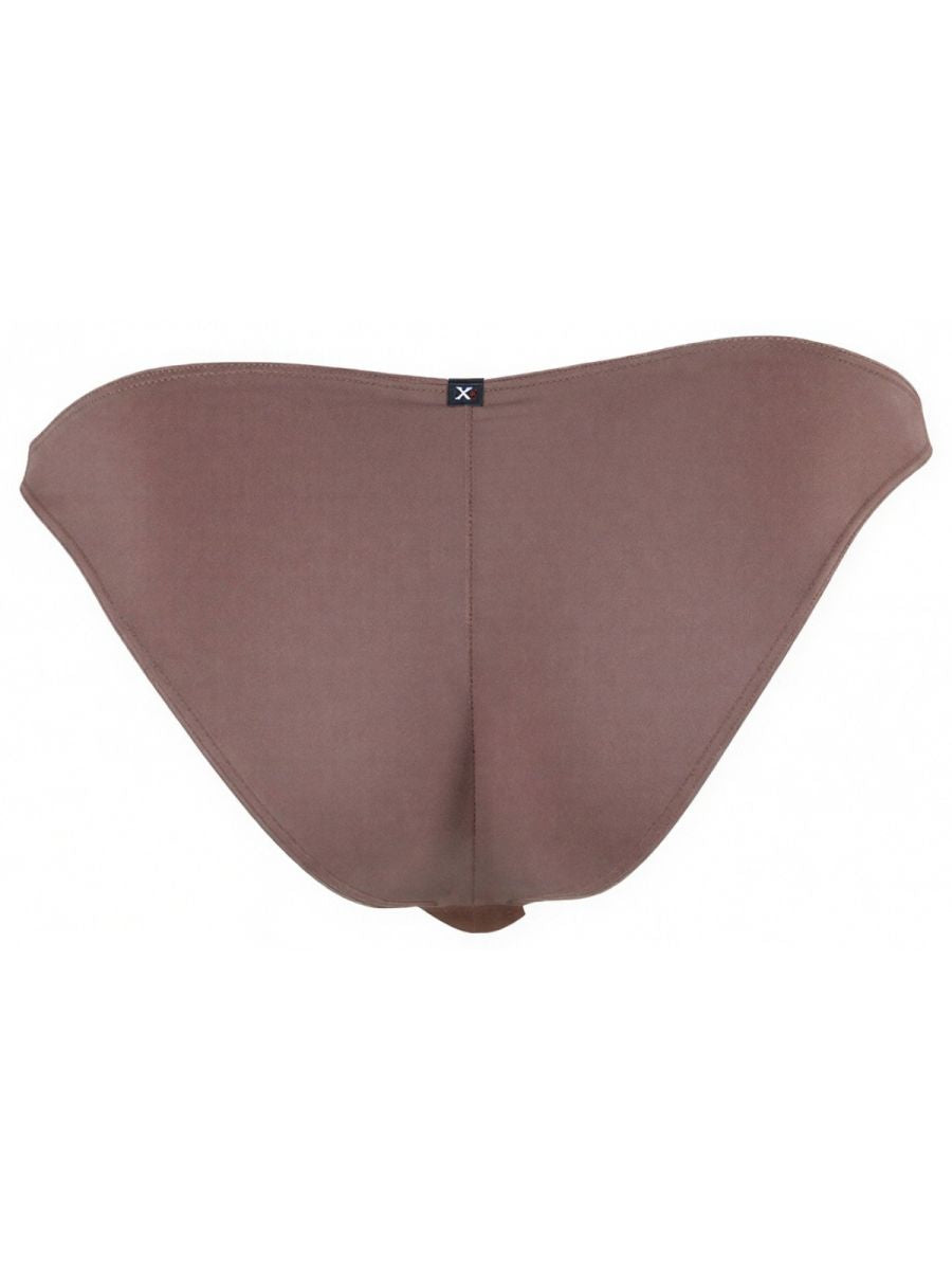 Xtremen brown bikini brief, rear view. Smooth, soft-touch fabric with centre seam and 'X' logo tab at waistband.