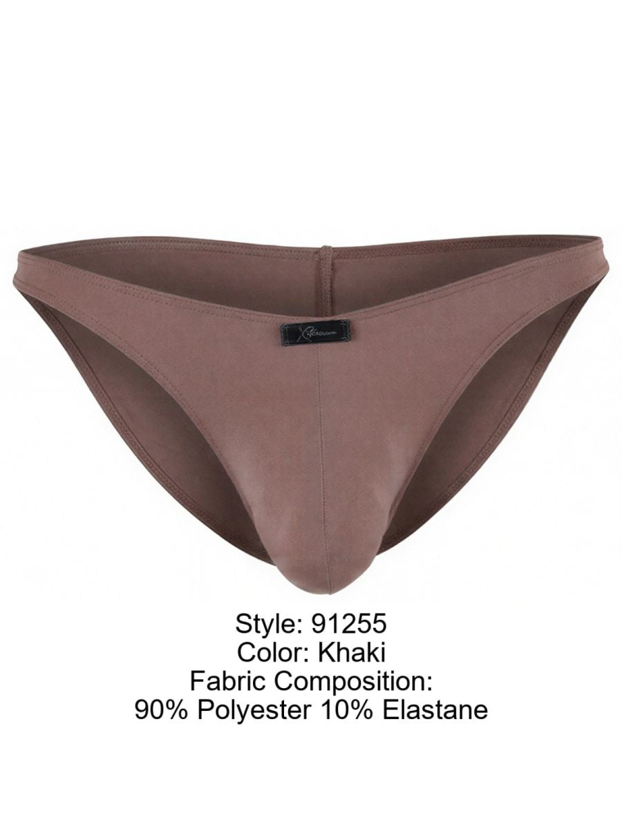 Xtremen khaki bikini brief (model 91255) in polyester elastane fabric with brand logo patch on the front.